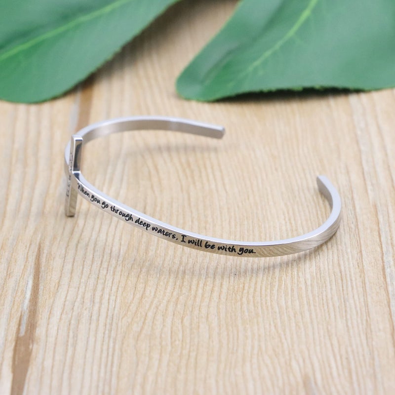 MEMGIFT Cross Bracelet Religious Cuff Bangle Bible Verse Jewelry Gift for Women Engraved When You go through Deep Waters I Will be with You - Image 3